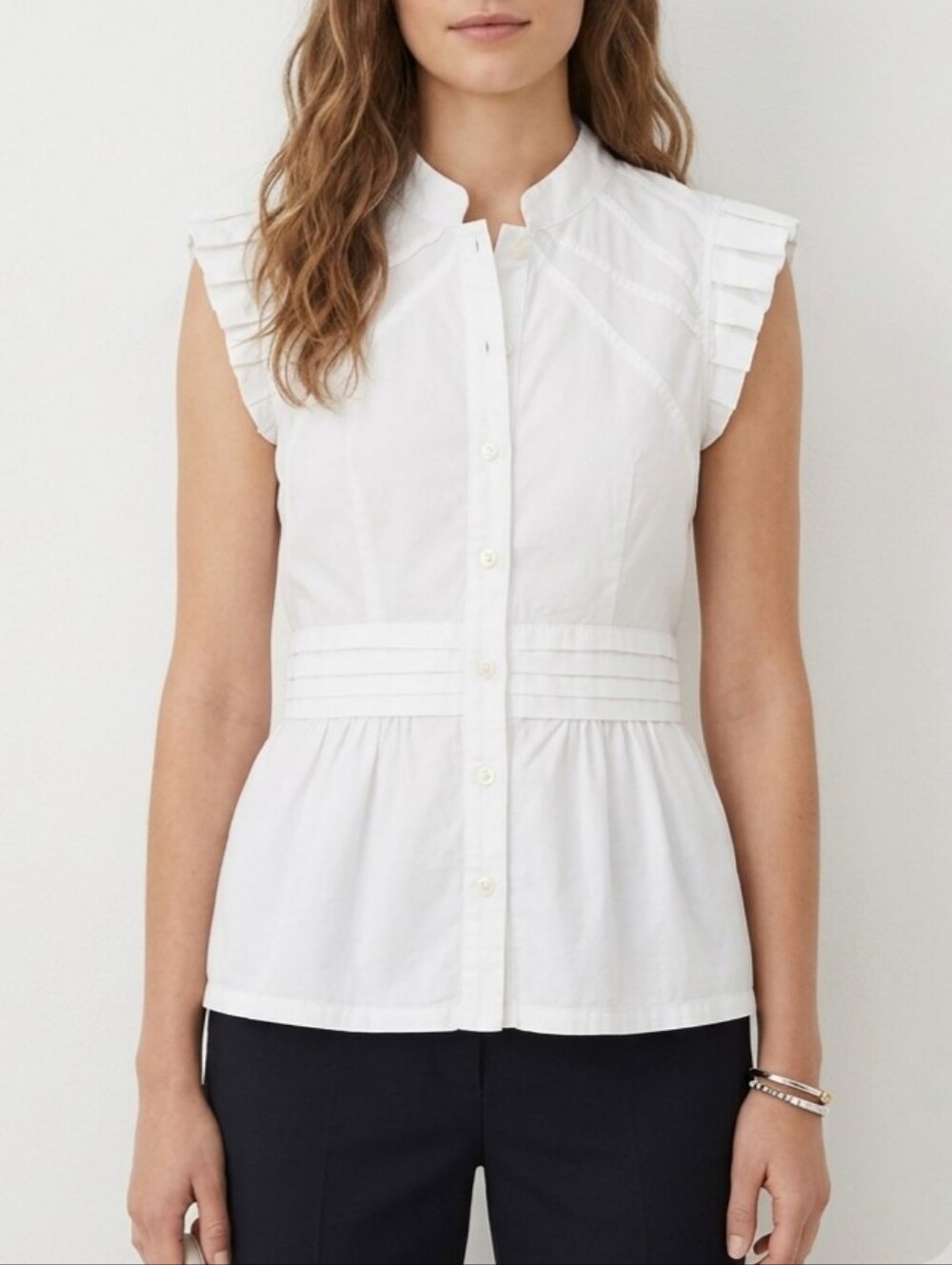 Vintage Plains & Prints White Cotton Blend Button-Up Collarless Blouse
